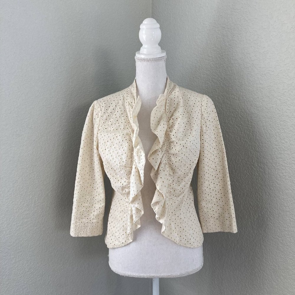 Anthropologie Tabitha Womens Beige Eyelet Ruffle Cardigan Blazer Jacket Size 8
